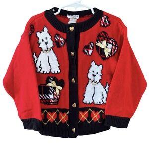 Vintage Jet Set Girls 4/5 Red Black Scottie‎ Dog Heart Buttons Sweater Gold 80s